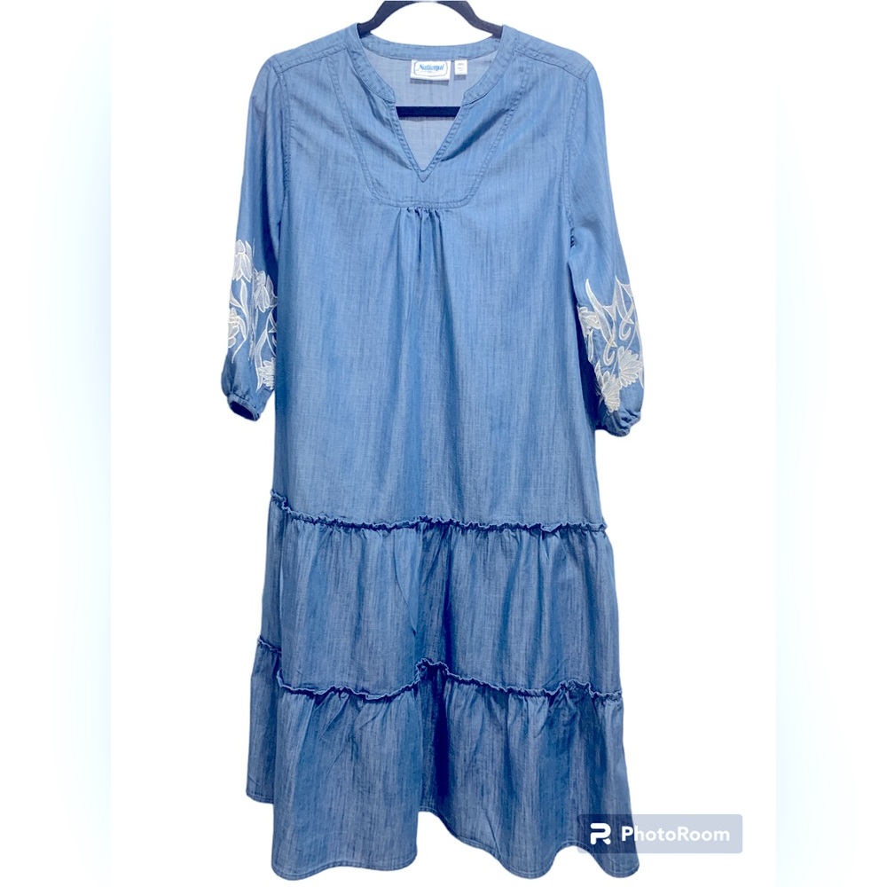 National Denim Chambray Dress Tiered Embroidered Floral With Pockets Boho Medium
